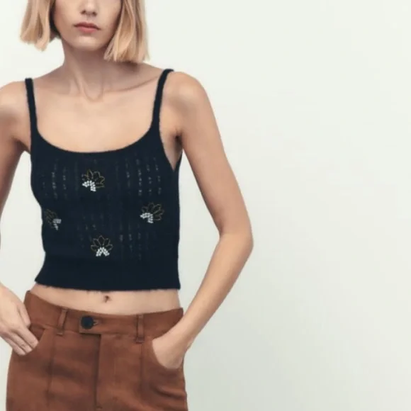 Zara Tops Zara Navy Blue Beaded Embroidered Knit Top Nwt